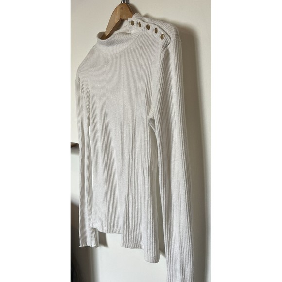 J Crew White Gold Button Detail Mock Neck Ribbed Long Sleeve Top Size Me… - Picture 2 of 8
